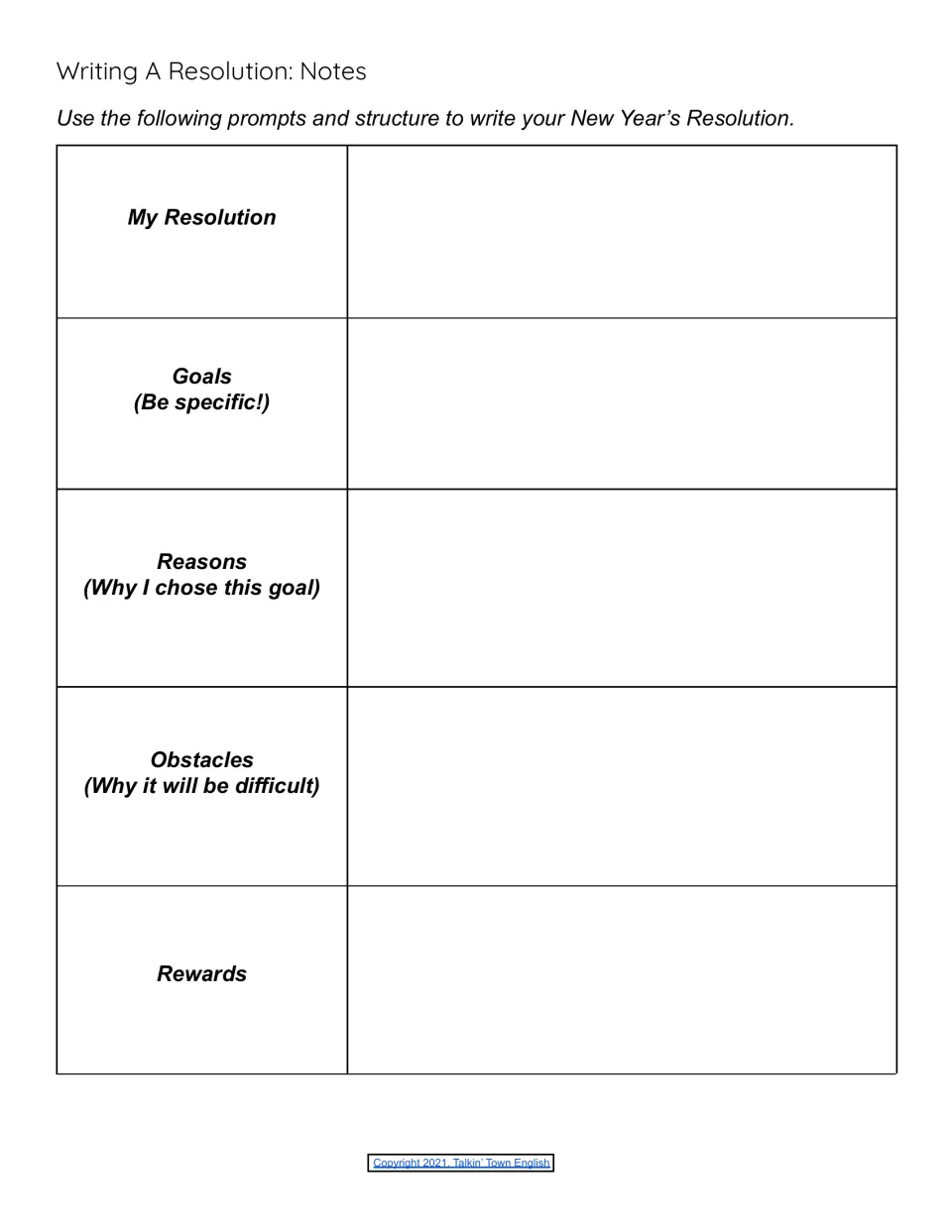 Resolution writing notes organizer: students plan their resolution, specific goals, reasons, obstacles and rewards