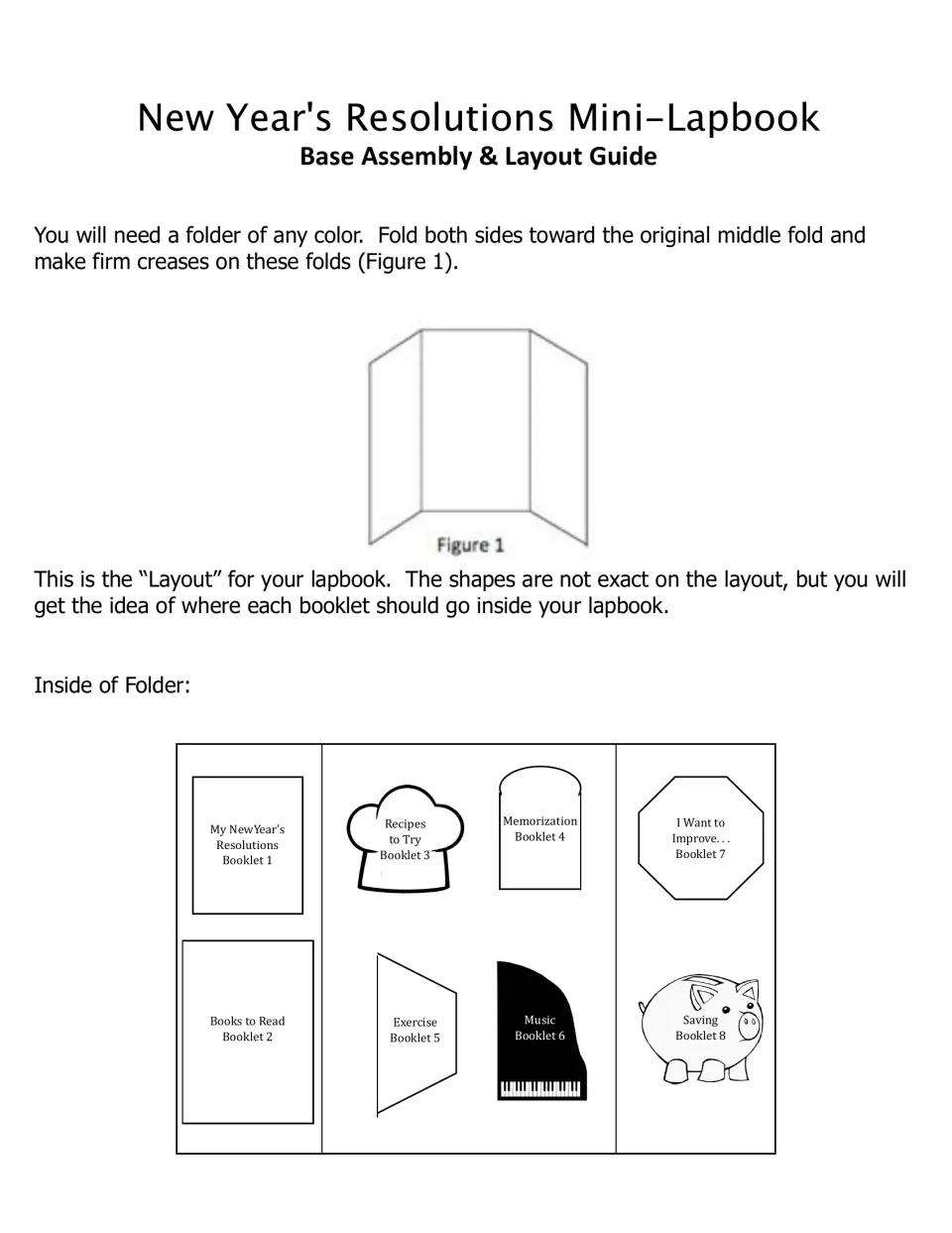 Base assembly and layout guide: fold a folder into three panels, then place eight booklets from resolutions to saving