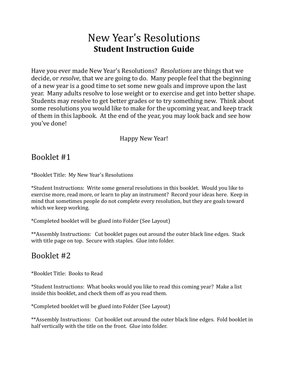 Student instruction guide: defines resolutions, then directs students to list goals in Booklet 1 and books in Booklet 2