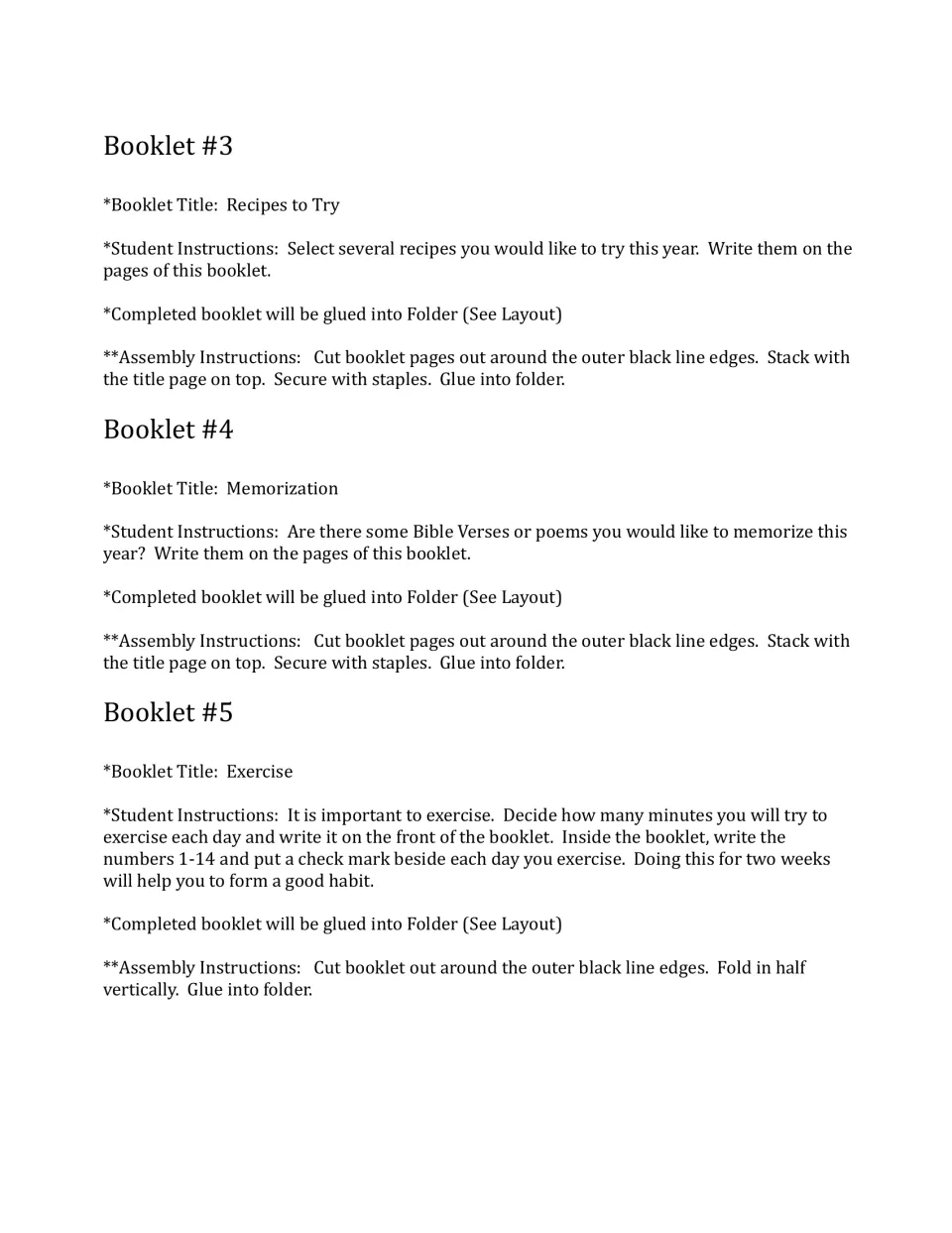 Booklet 3 to 5 directions: students list recipes to try, verses or poems to memorize, and track daily exercise for 14 days