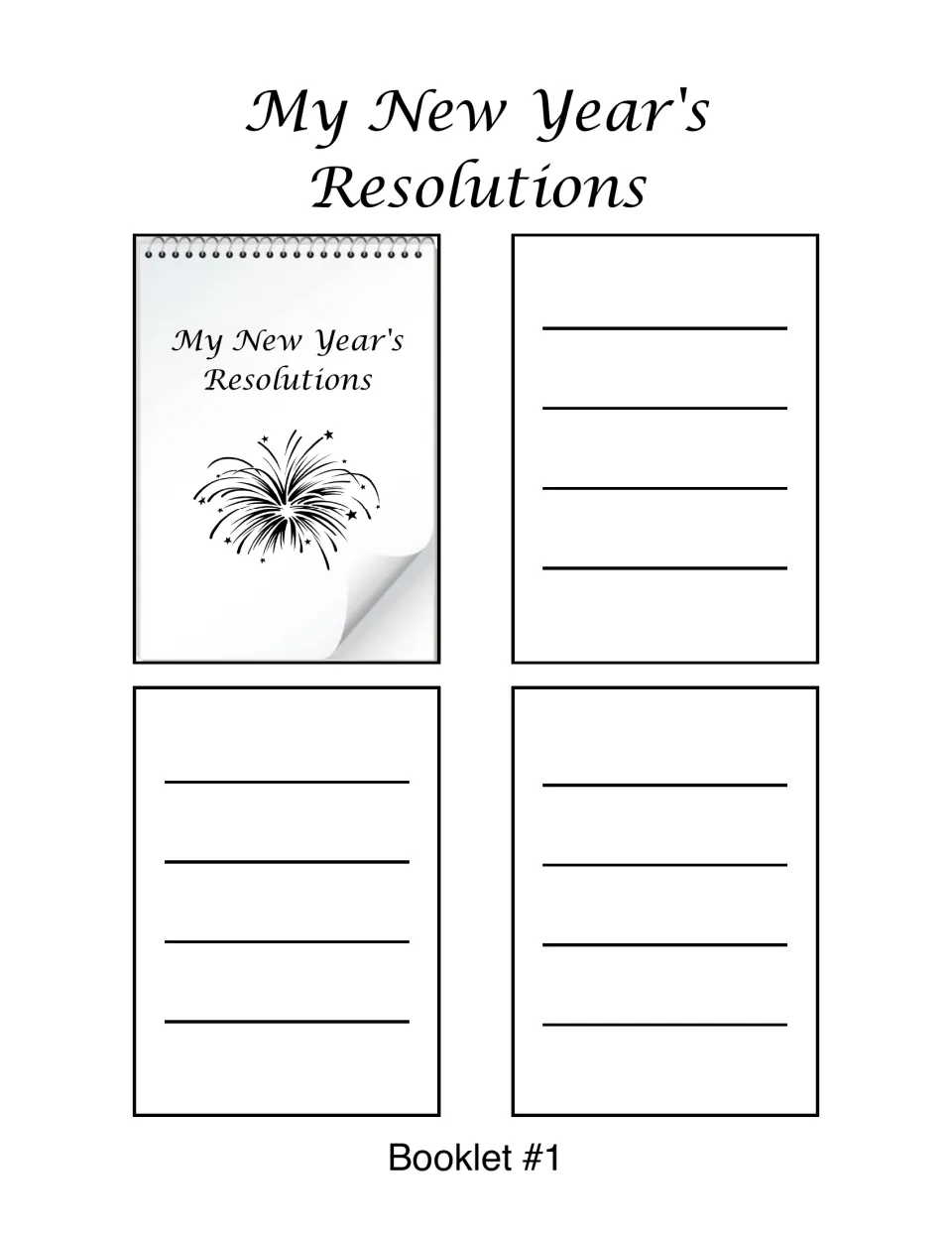 My New Year's Resolutions booklet template: a fireworks cover page and three lined pages where students write their goals
