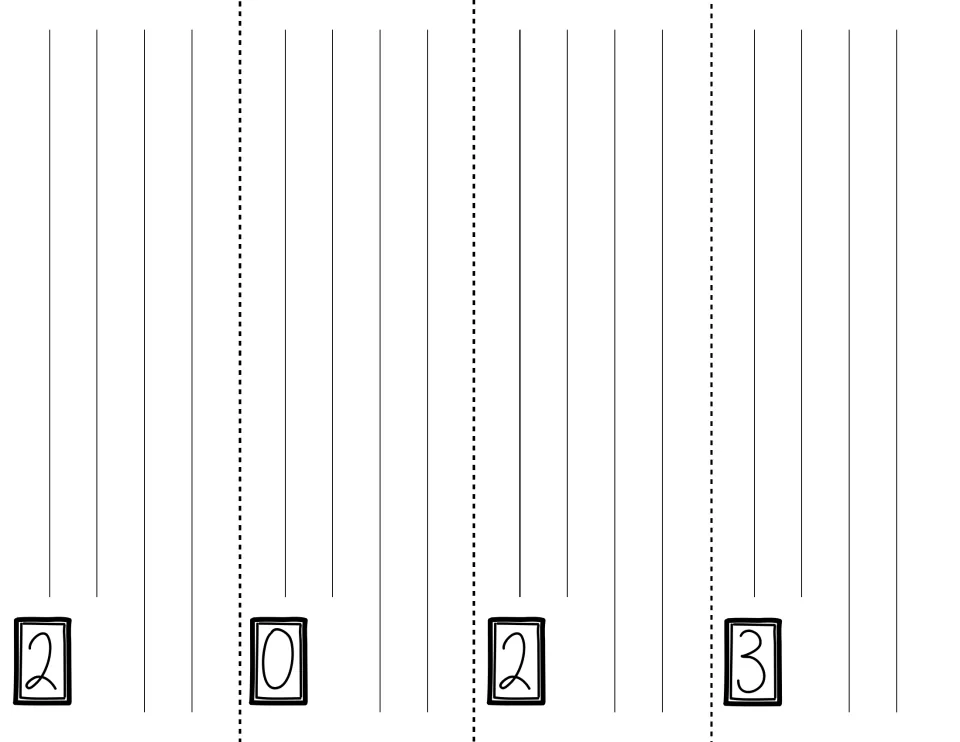 Writing panels for the 2023 prompts: four sections marked 2, 0, 2 and 3 where students answer each matching question