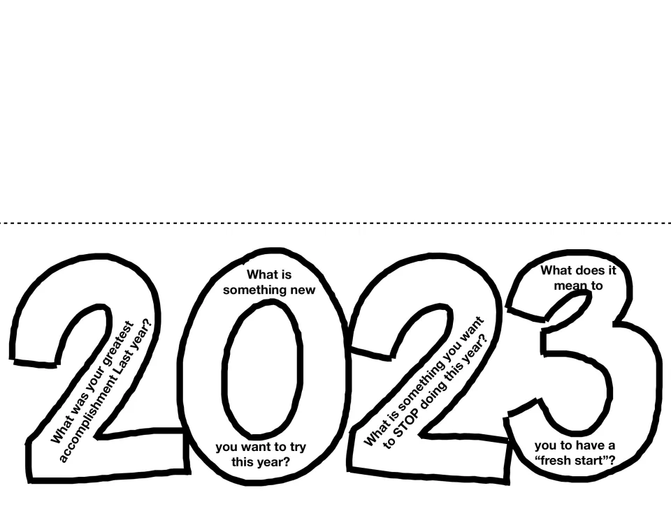 Bubble-number 2023 prompts: each outlined digit holds a question on accomplishments, trying something new, stopping a habit