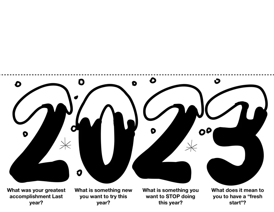 Snow-capped 2023 prompts: snowy black digits with flurries above four reflection questions on last year and a fresh start