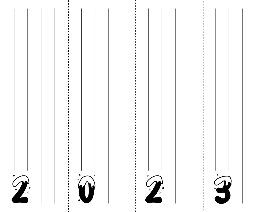 Snowy-digit response sheet: four sections, each marked with a small snow-capped 2, 0, 2 or 3, for answering the prompts
