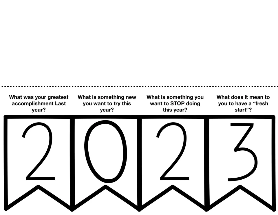 Pennant banner 2023 prompts: four reflection questions printed above bunting flags showing the digits 2, 0, 2 and 3