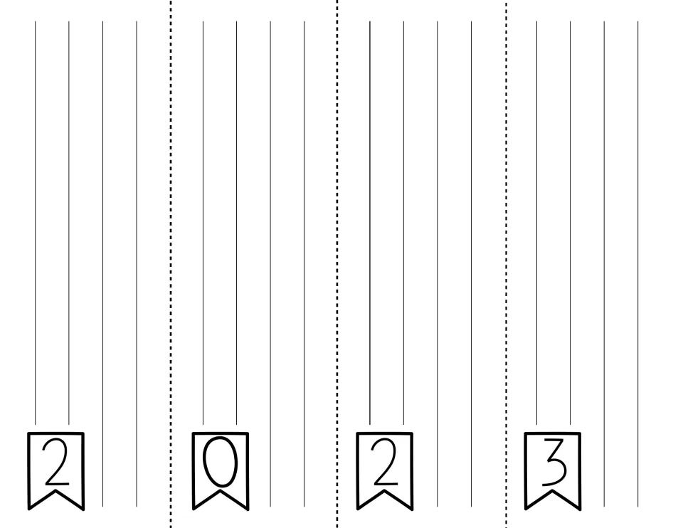 Pennant response sheet: four writing sections, each tagged with a small flag numbered 2, 0, 2 or 3 for student answers