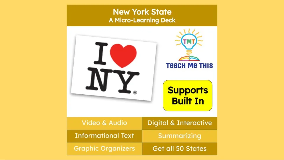 Cover of the New York micro-learning deck, listing video, audio, informational text, and summarizing