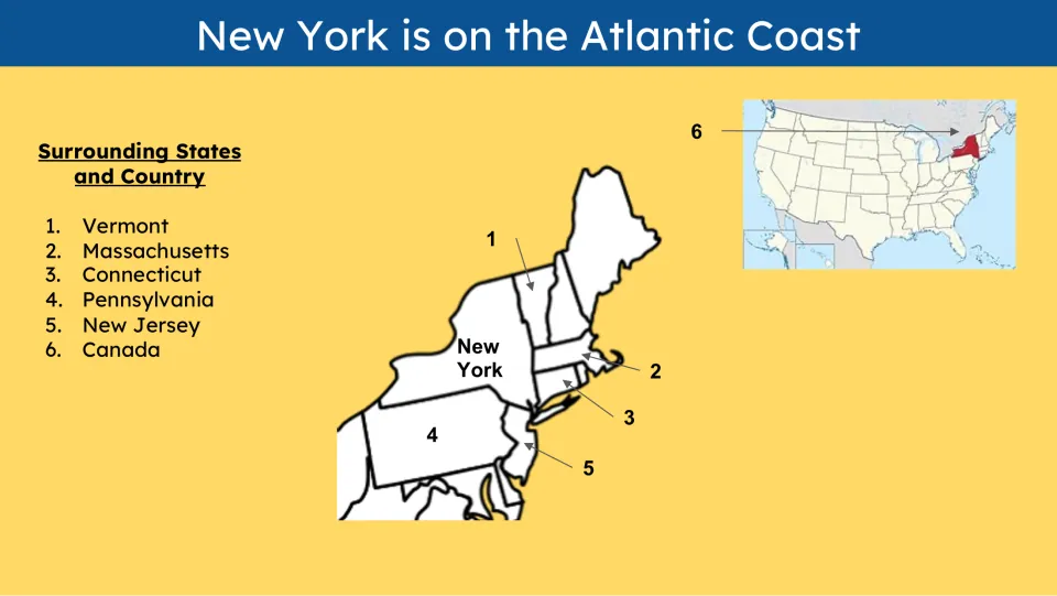 Geography slide maps New York and names Vermont, Massachusetts, Connecticut, Pennsylvania, New Jersey, and Canada