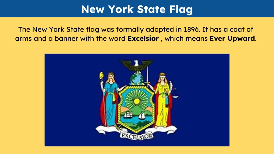 State flag slide gives an adoption date of 1896 and explains Excelsior as Ever Upward above a flag image