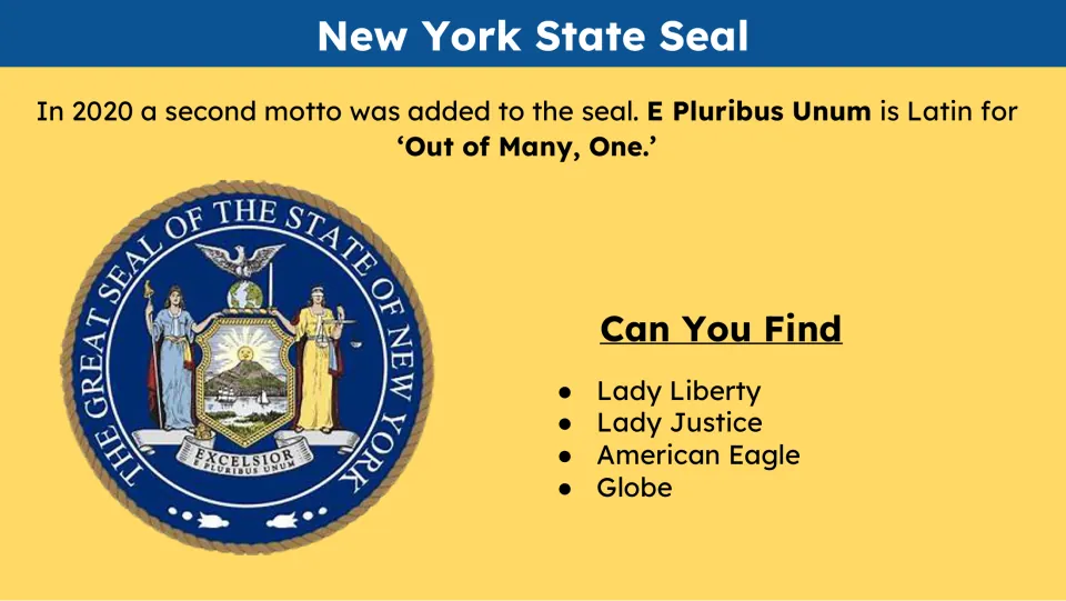 State seal slide explains E Pluribus Unum and asks students to find Liberty, Justice, an eagle, and a globe
