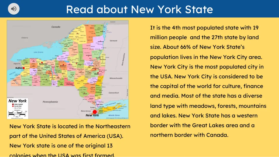 Reading slide pairs a New York map with text about its location, population, colonial history, and landscape