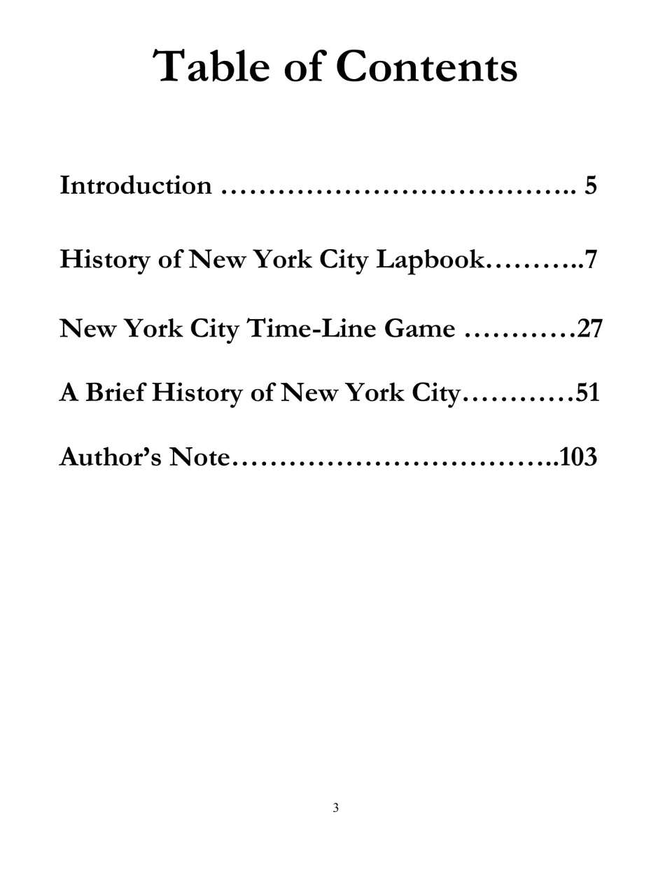 Table of contents lists the introduction, lapbook, timeline game, brief city history, and author's note