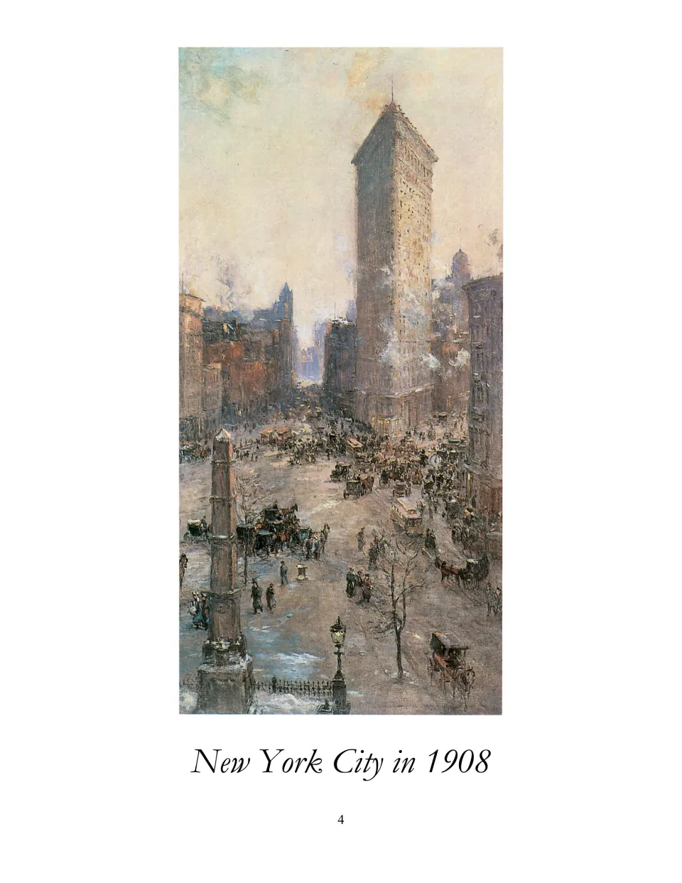 Historical illustration in the city history eBook shows a busy street scene labeled 'New York City in 1908'