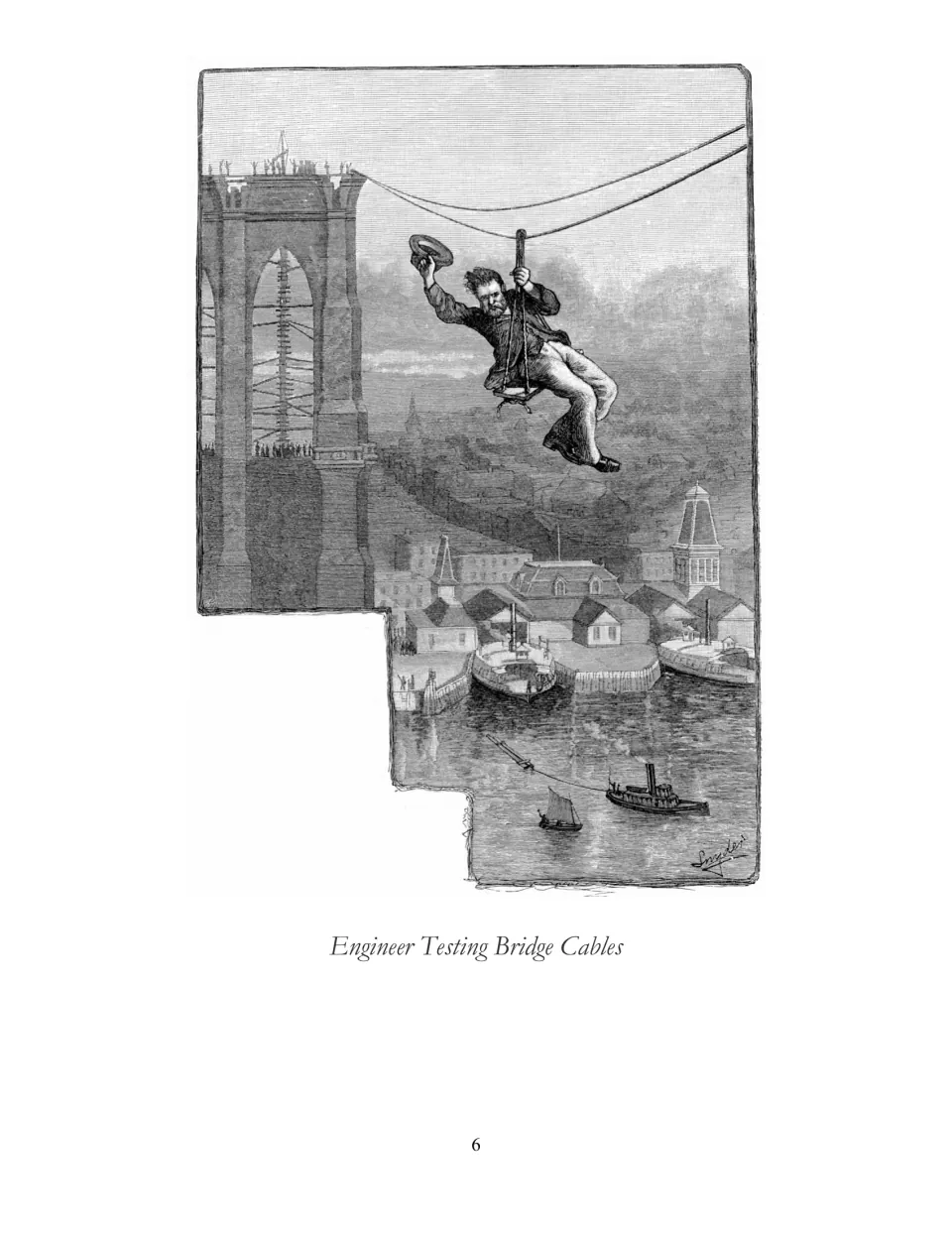 Historical illustration before the lapbook section shows an engineer testing bridge cables above the water