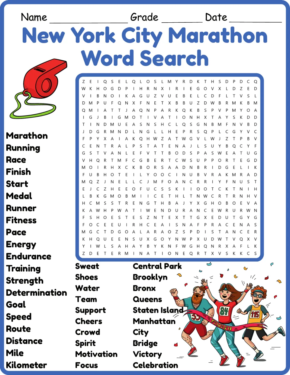 Color version of the marathon word search featuring 40 terms, including endurance, pace, and Central Park.