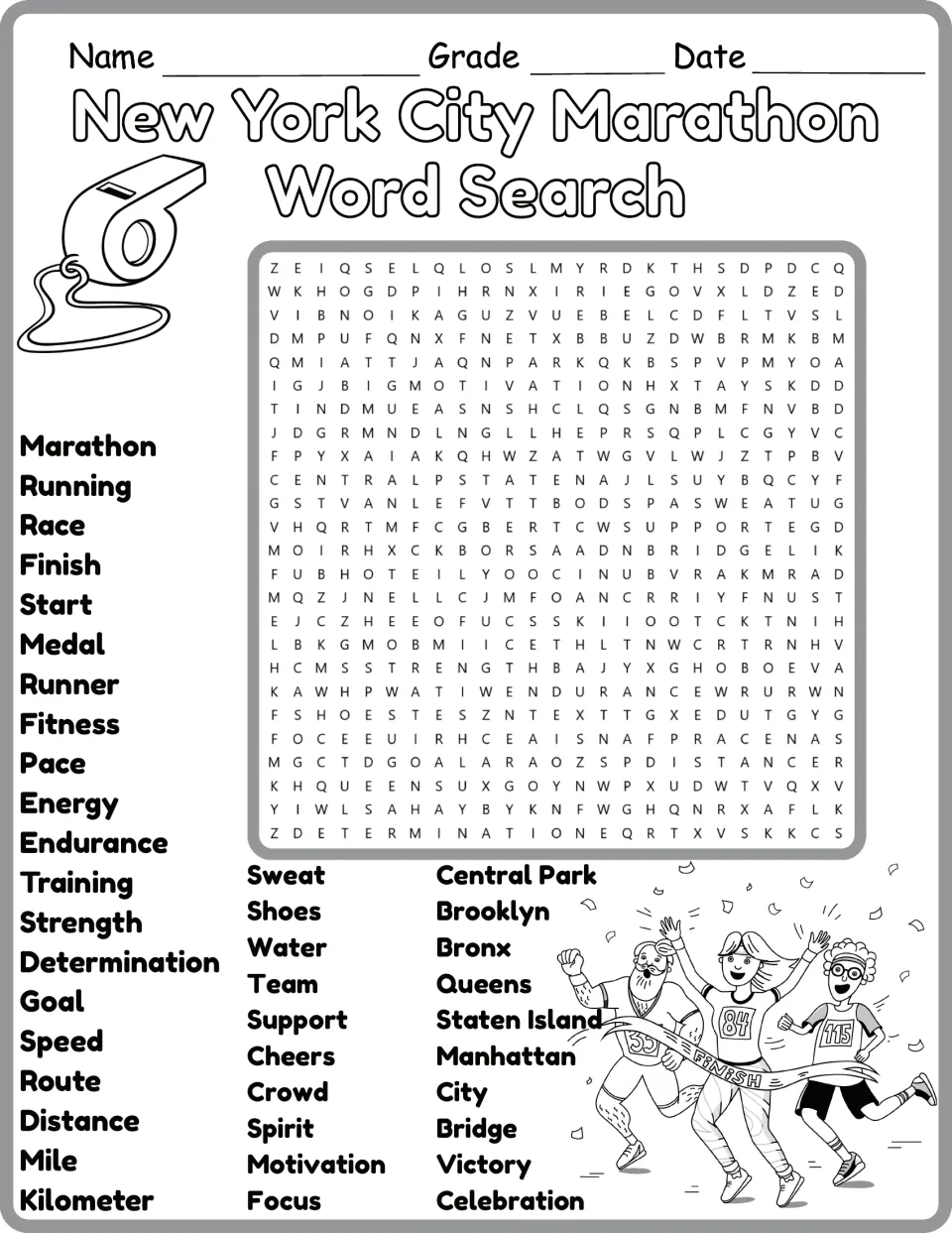 Black-and-white version of the marathon word search with 40 terms, including Brooklyn, Queens, and Bronx.