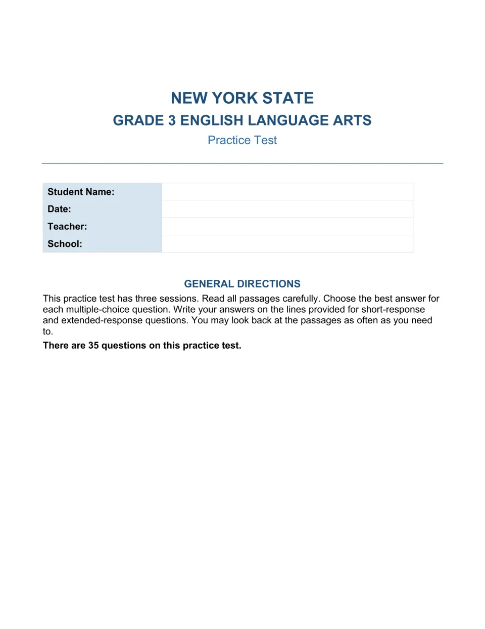 Test title page with student name, date, teacher and school fields and directions for three sessions of 35 questions