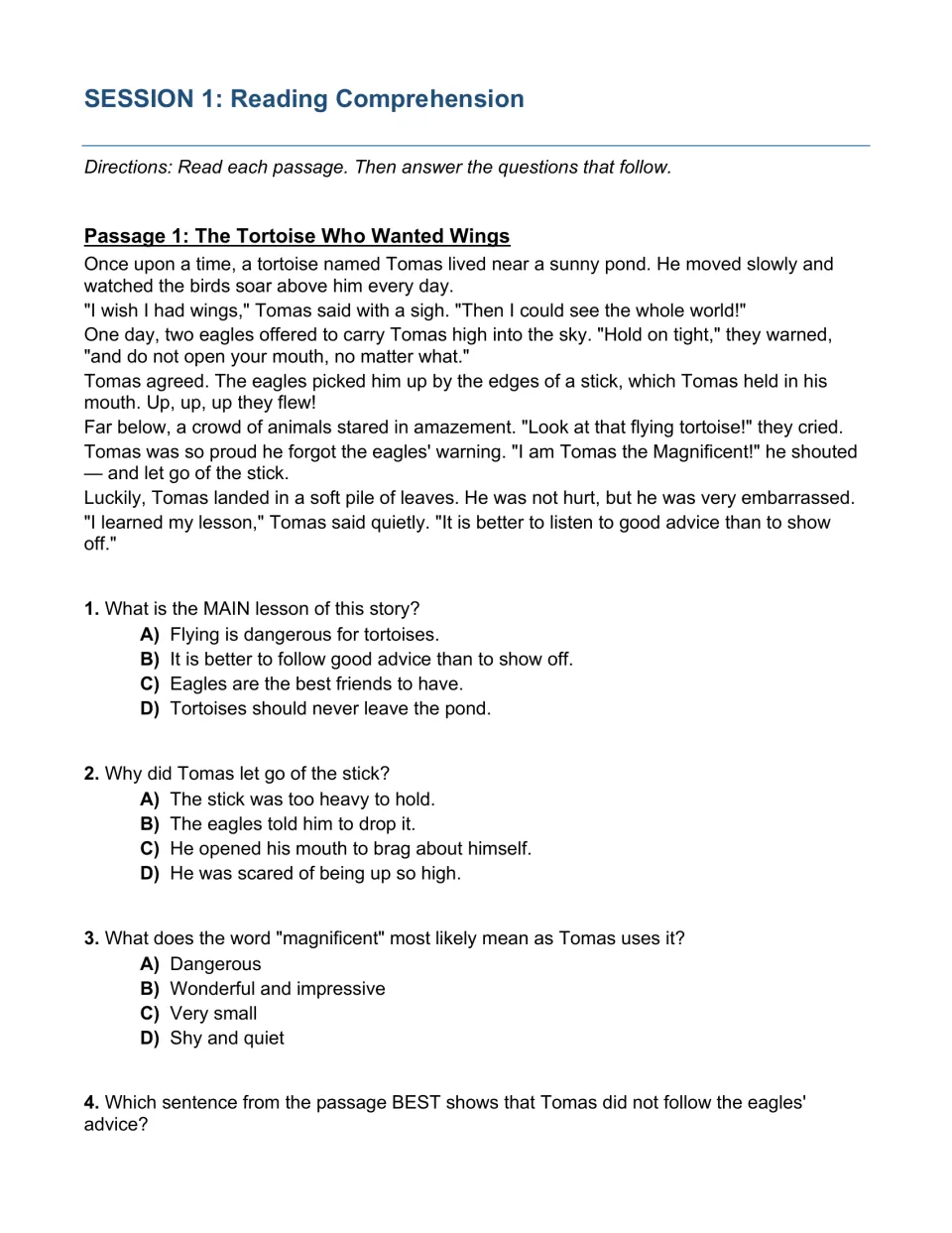 Session 1 fable 'The Tortoise Who Wanted Wings': students answer questions on the lesson, cause and word meaning