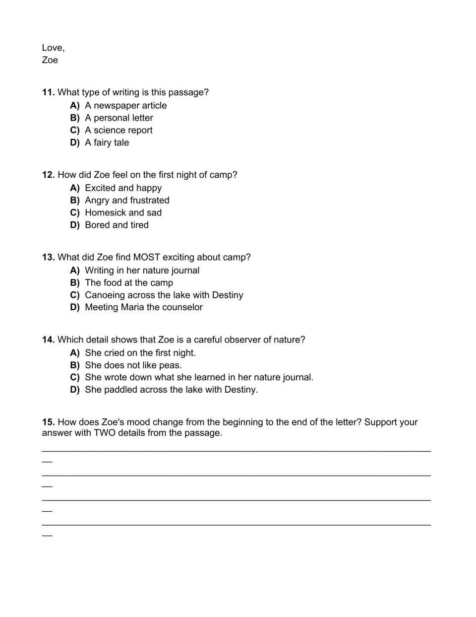 Camp letter questions: students identify the text type, Zoe's feelings and key details, then explain her mood change
