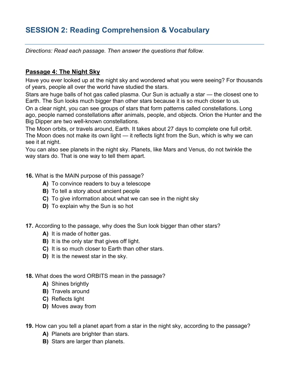 Session 2 article 'The Night Sky': students find author's purpose, meaning of orbits and how planets differ from stars