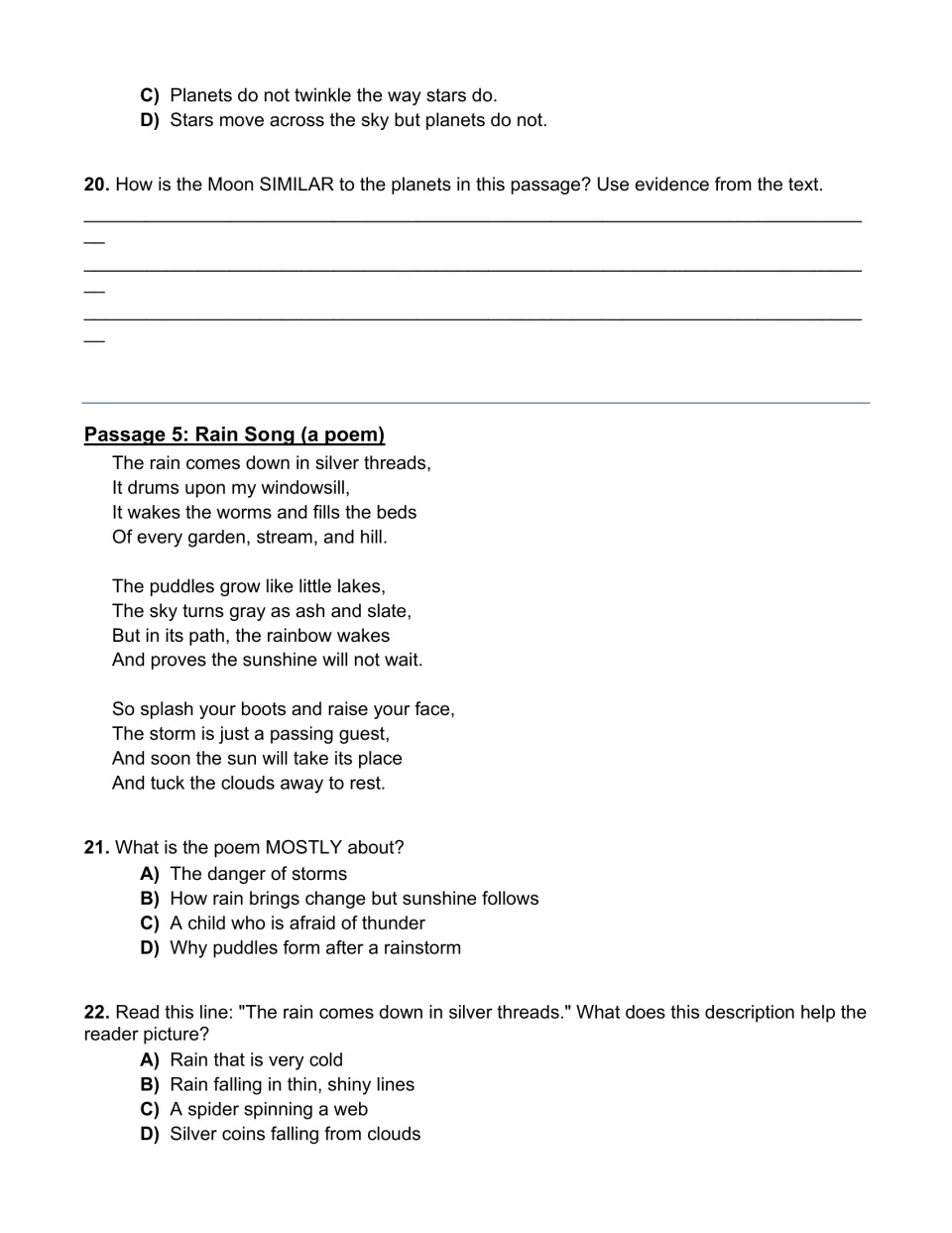 Moon and planets comparison response, then the poem 'Rain Song' with questions on its central idea and imagery