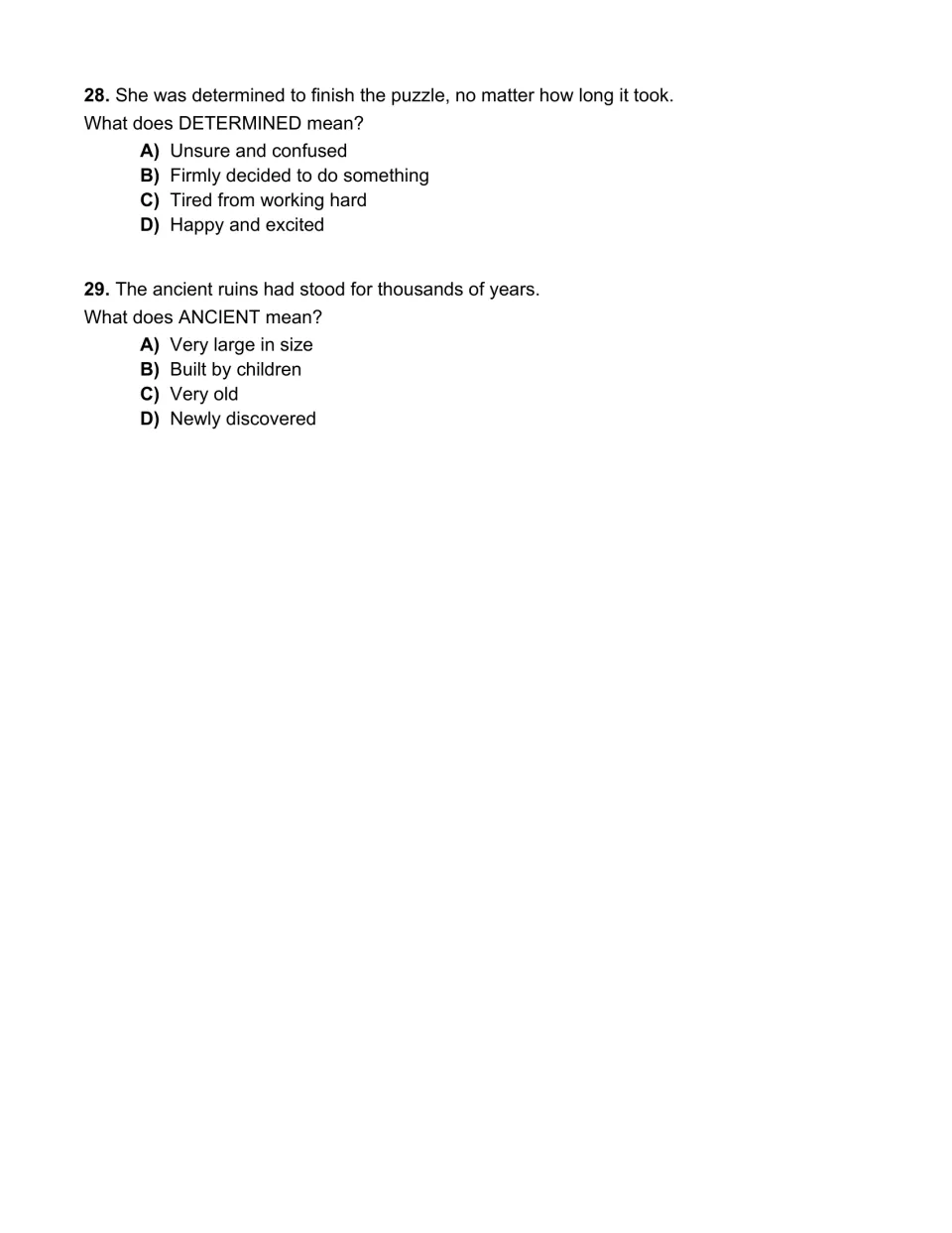 Vocabulary multiple choice: students use sentence context to choose the meanings of determined and ancient