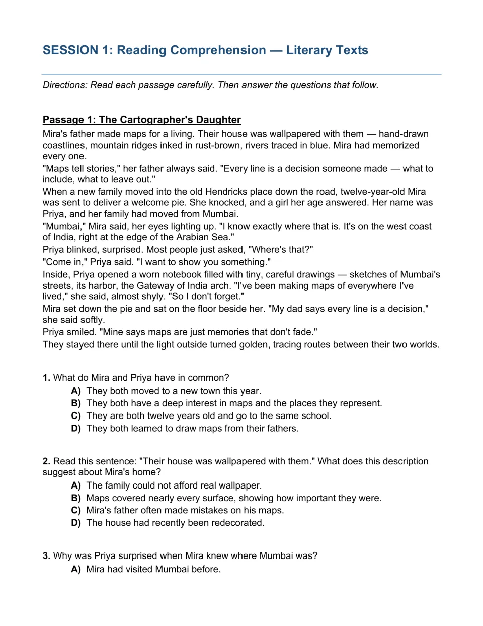 Literary reading, Session 1: students read The Cartographer's Daughter and answer questions on characters and word meaning