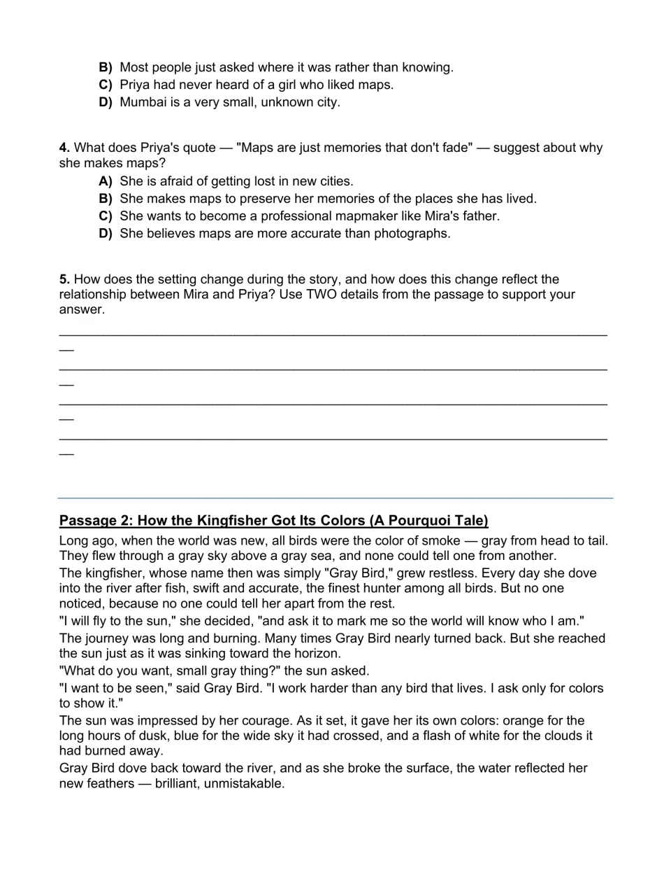 Map story questions and a setting-change written response, then the pourquoi tale How the Kingfisher Got Its Colors