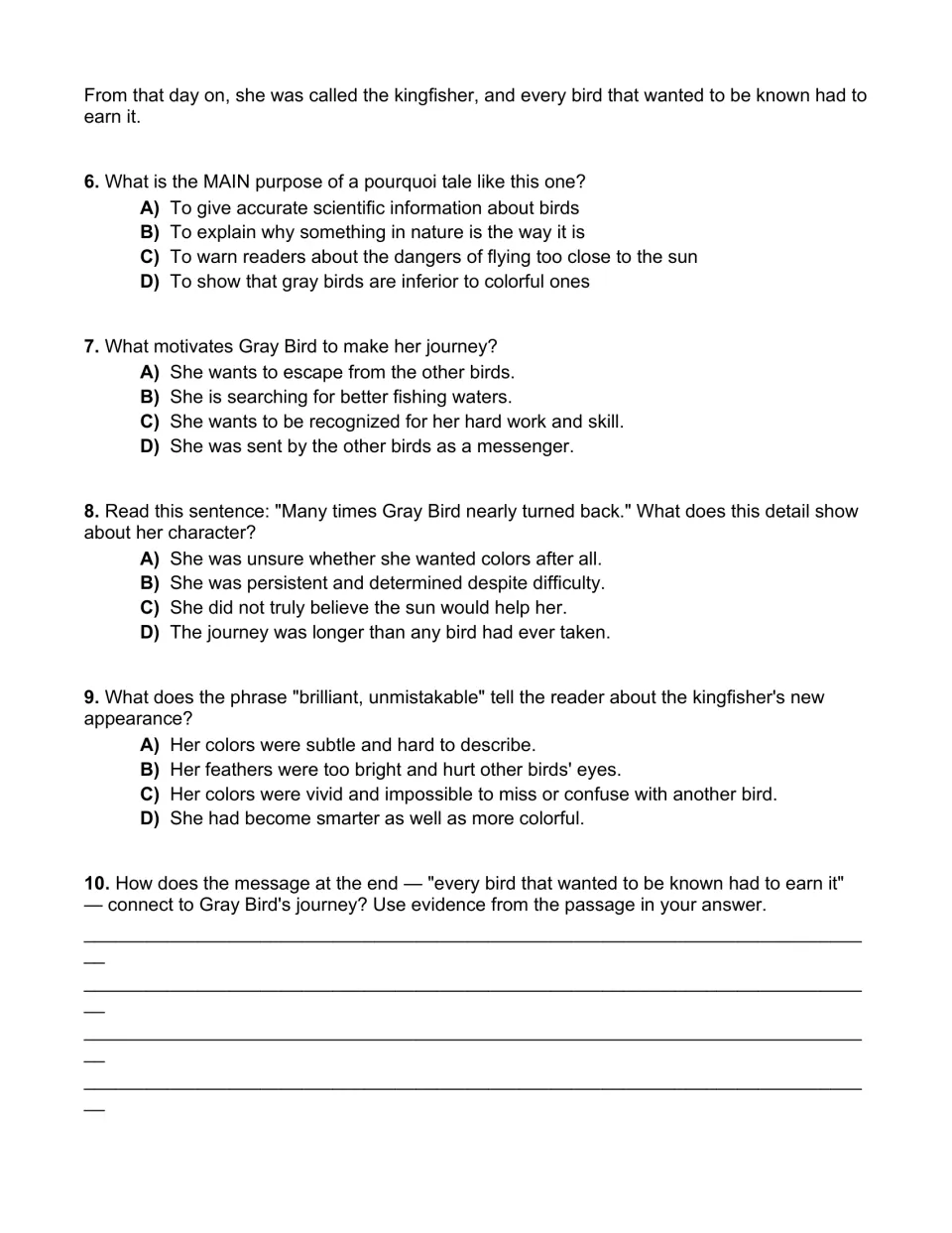 Pourquoi tale questions: students identify the tale's purpose, Gray Bird's motivation and character, and explain the moral
