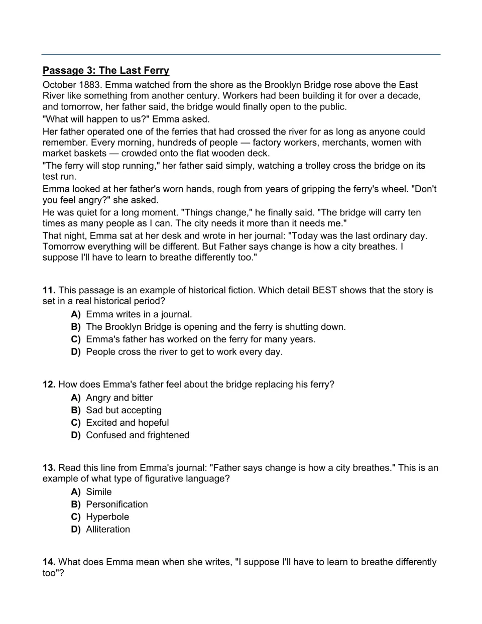 Historical fiction, The Last Ferry: students answer items on the father's feelings and personification in Emma's journal