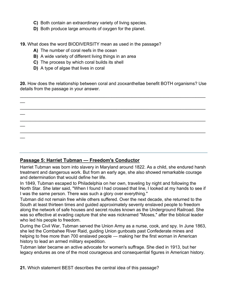 Coral reef vocabulary item on biodiversity and a written response, then the Harriet Tubman, Freedom's Conductor biography