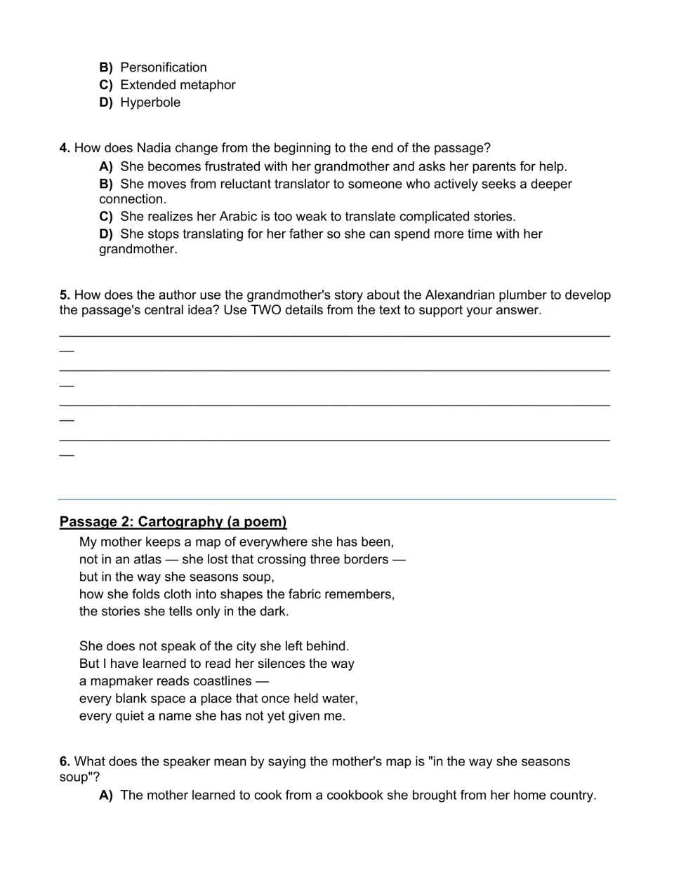 Character change and central idea questions on The Translation, then the poem Cartography with a figurative language item