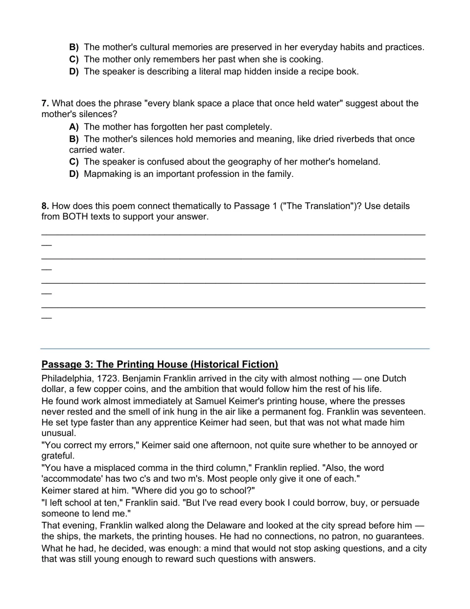 Poem meaning questions, a paired-text theme response, and the historical fiction passage The Printing House about Franklin
