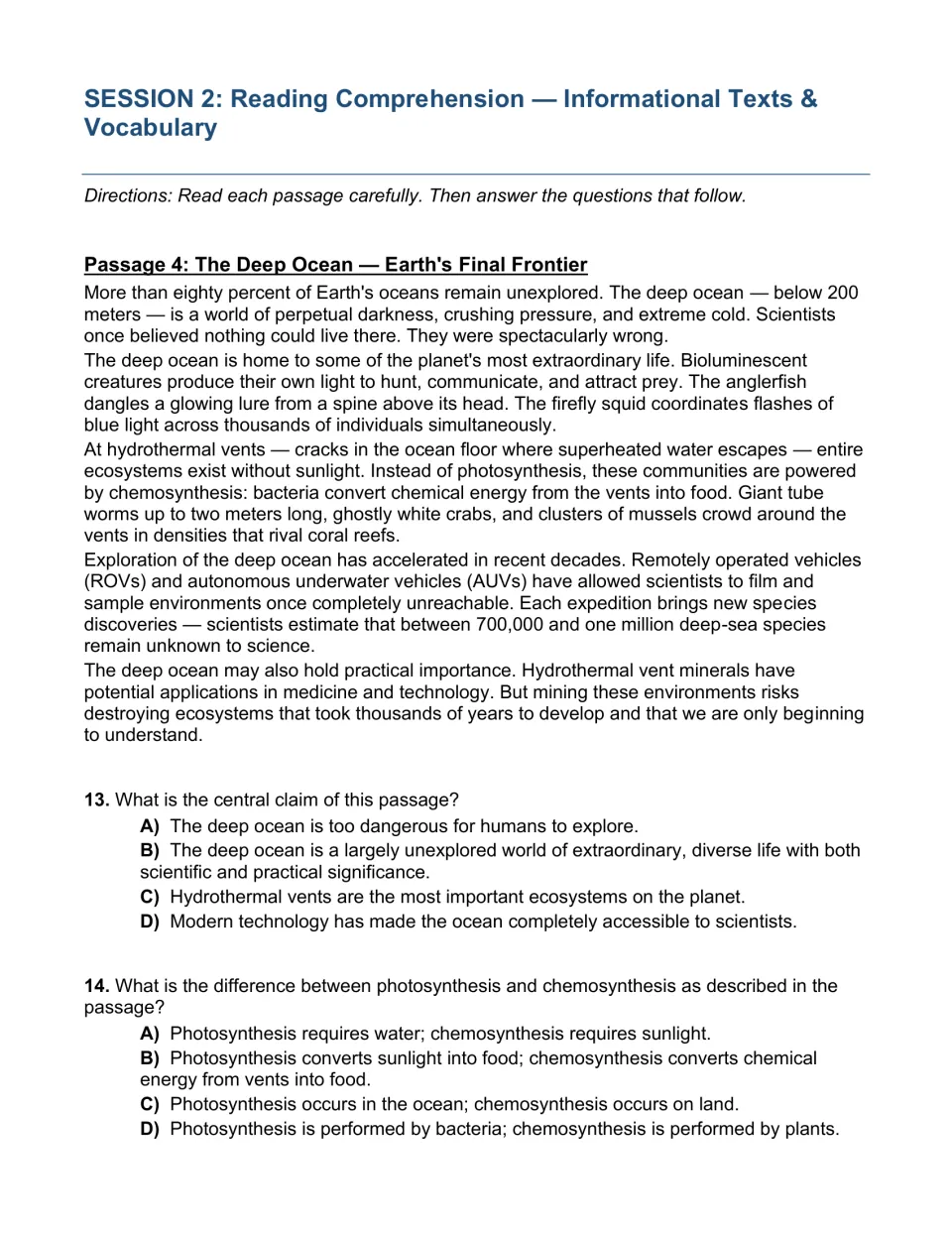 Session 2 deep ocean article: students find the central claim and contrast photosynthesis and chemosynthesis