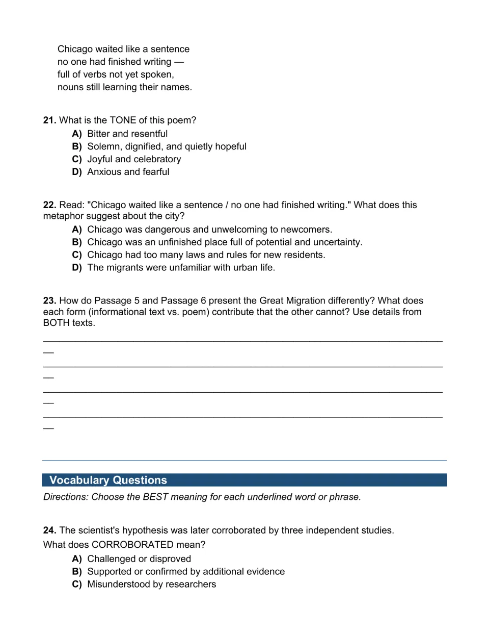 Poem tone and metaphor questions, comparing an article and a poem on the Great Migration, then vocabulary item 24