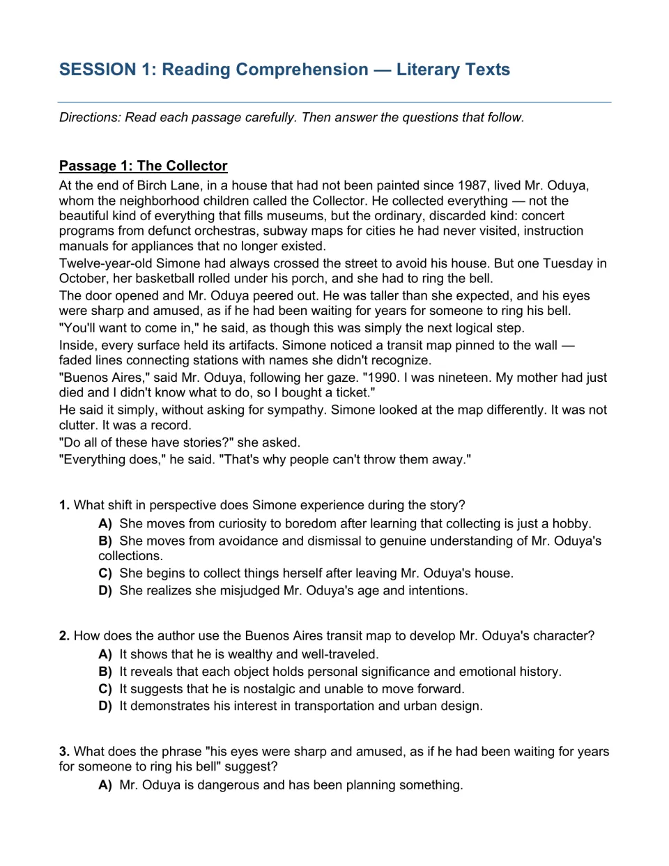 Session 1 literary reading: students read the story The Collector and answer questions on perspective shift and character