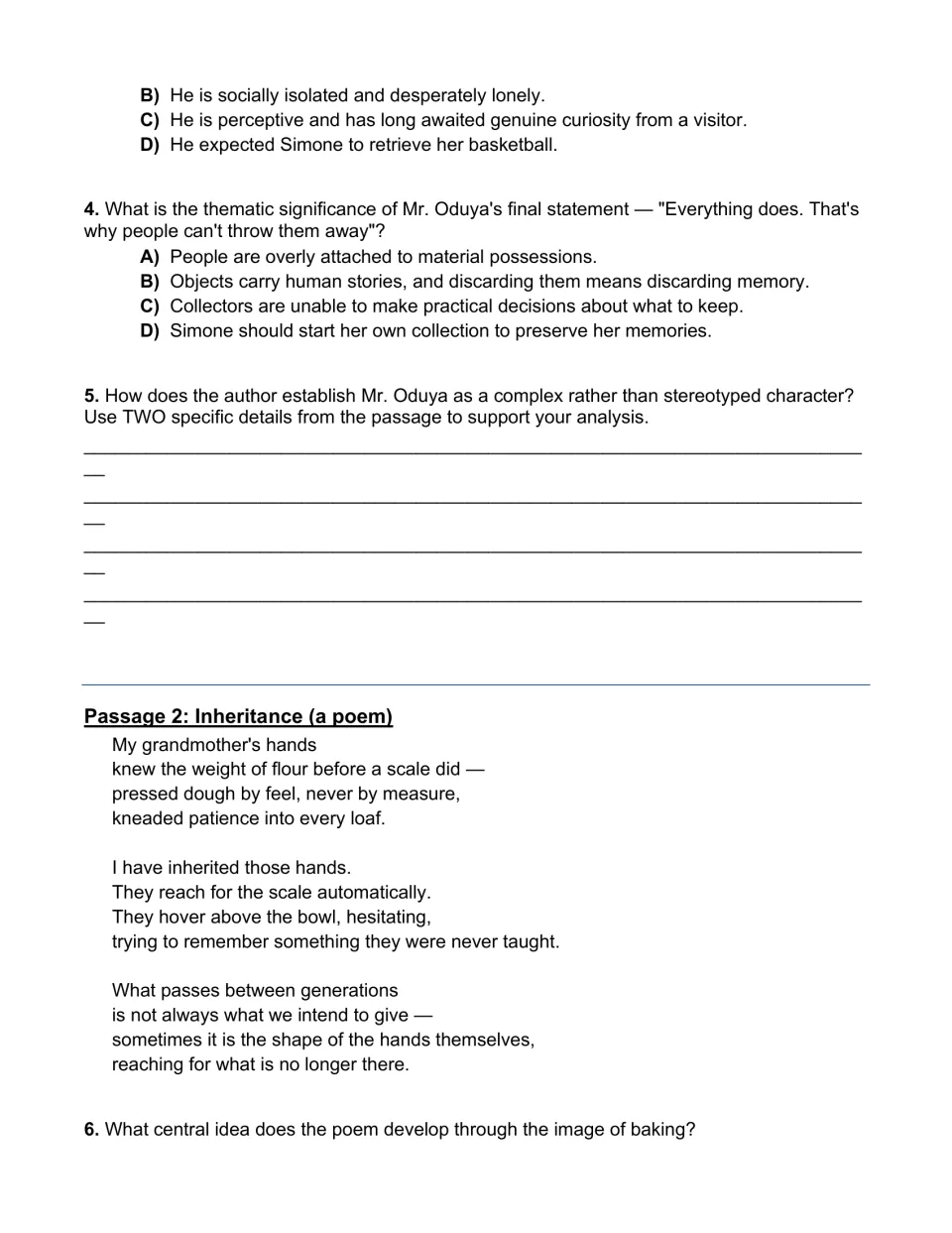 The Collector questions on theme, a two-detail character response, then the poem Inheritance about a grandmother's hands