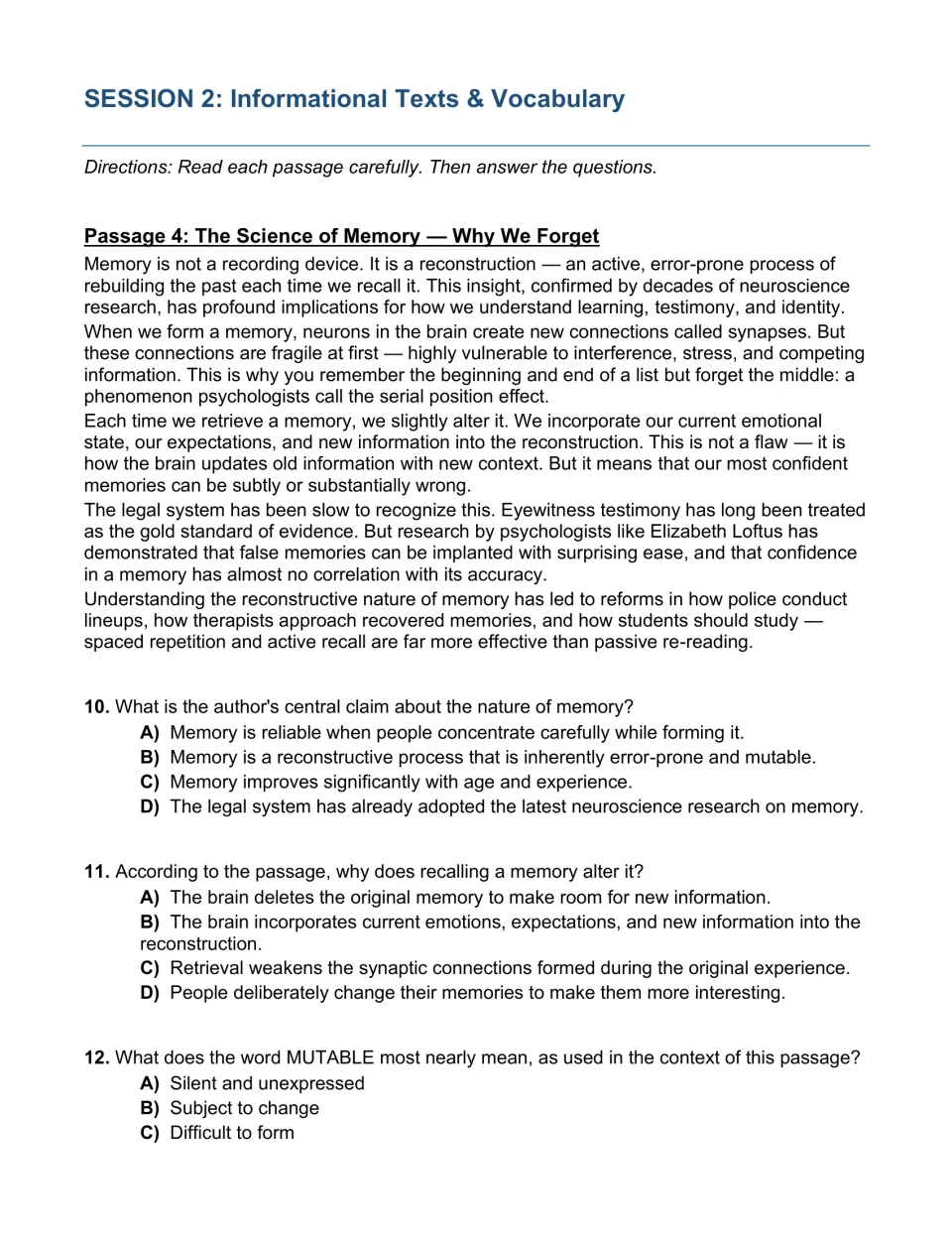 Session 2 informational text: students read The Science of Memory and answer central claim and MUTABLE vocabulary items