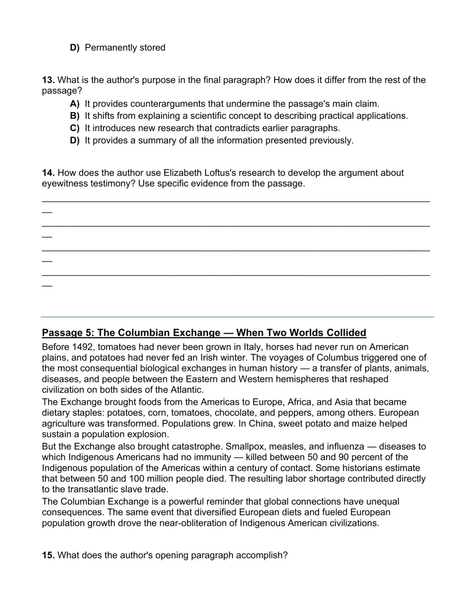 Memory passage questions on author's purpose and Loftus evidence, then the Columbian Exchange article on two worlds