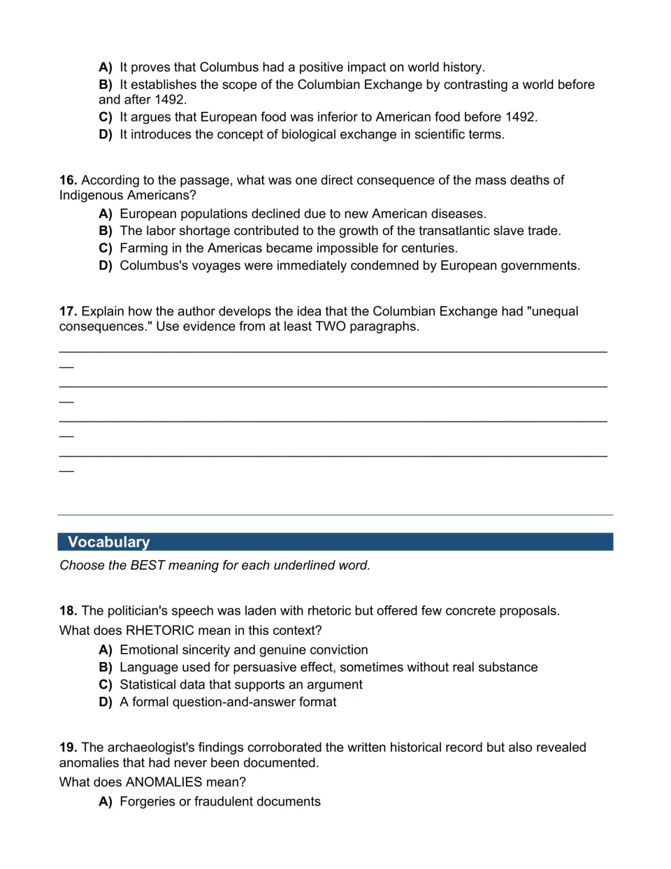 Columbian Exchange questions and an unequal consequences response, then vocabulary items for RHETORIC and ANOMALIES