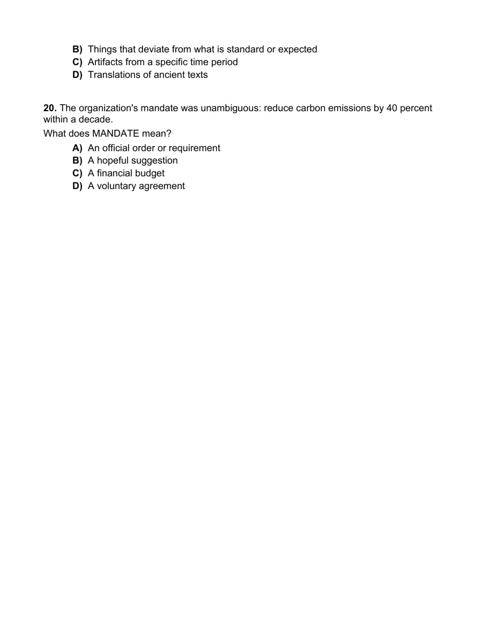Vocabulary in context: final answer choices for ANOMALIES and a MANDATE item about reducing carbon emissions