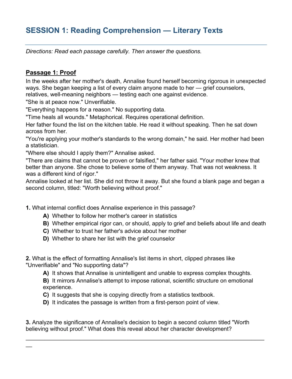 Session 1 literary reading: students read the story Proof and answer questions on Annalise's internal conflict and style