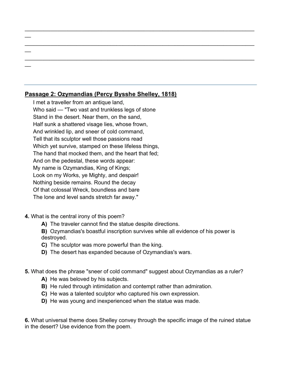 Ozymandias by Shelley: students answer multiple-choice items on the poem's central irony and tone, then explain its theme