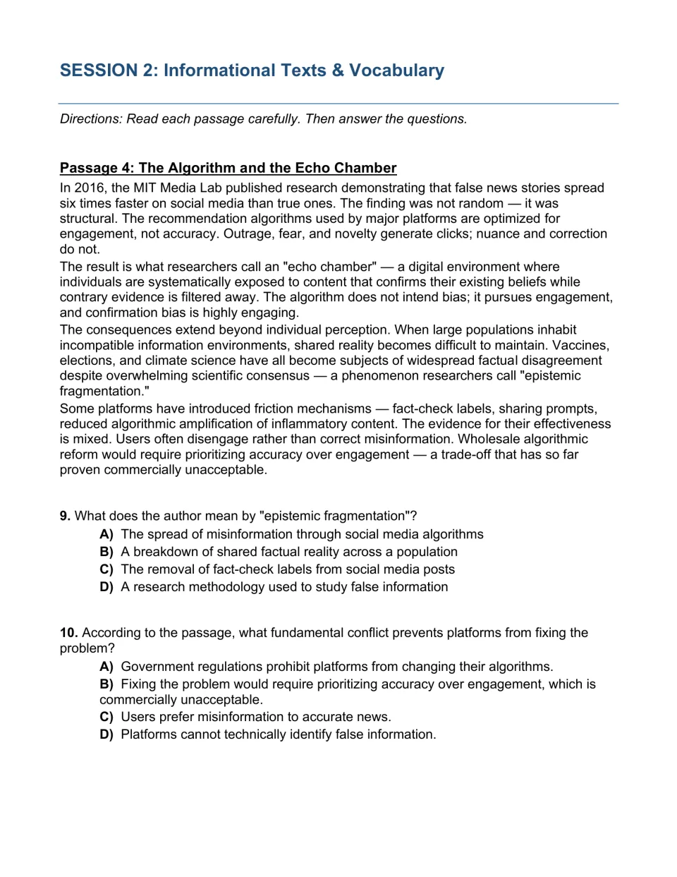 Session 2 informational text on algorithms and echo chambers: students define epistemic fragmentation and name the conflict