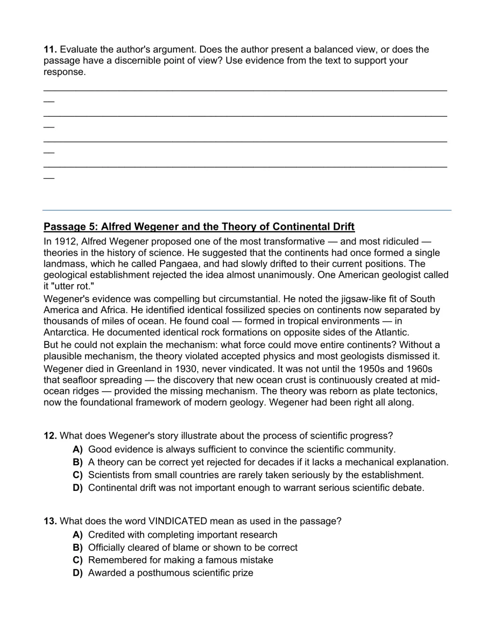 Wegener and continental drift passage: students evaluate the echo chamber argument, then define vindicated in context