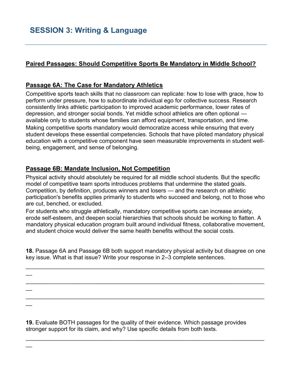 Session 3 paired passages on mandatory competitive sports: students compare both views and judge whose evidence is stronger