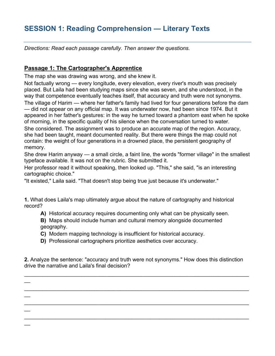 Session 1 literary reading: students read The Cartographer's Apprentice, then answer a multiple-choice and a written question