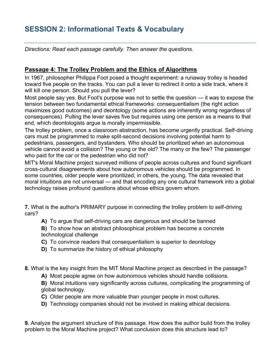 Session 2 informational reading on the trolley problem and self-driving cars, with author's purpose and argument questions