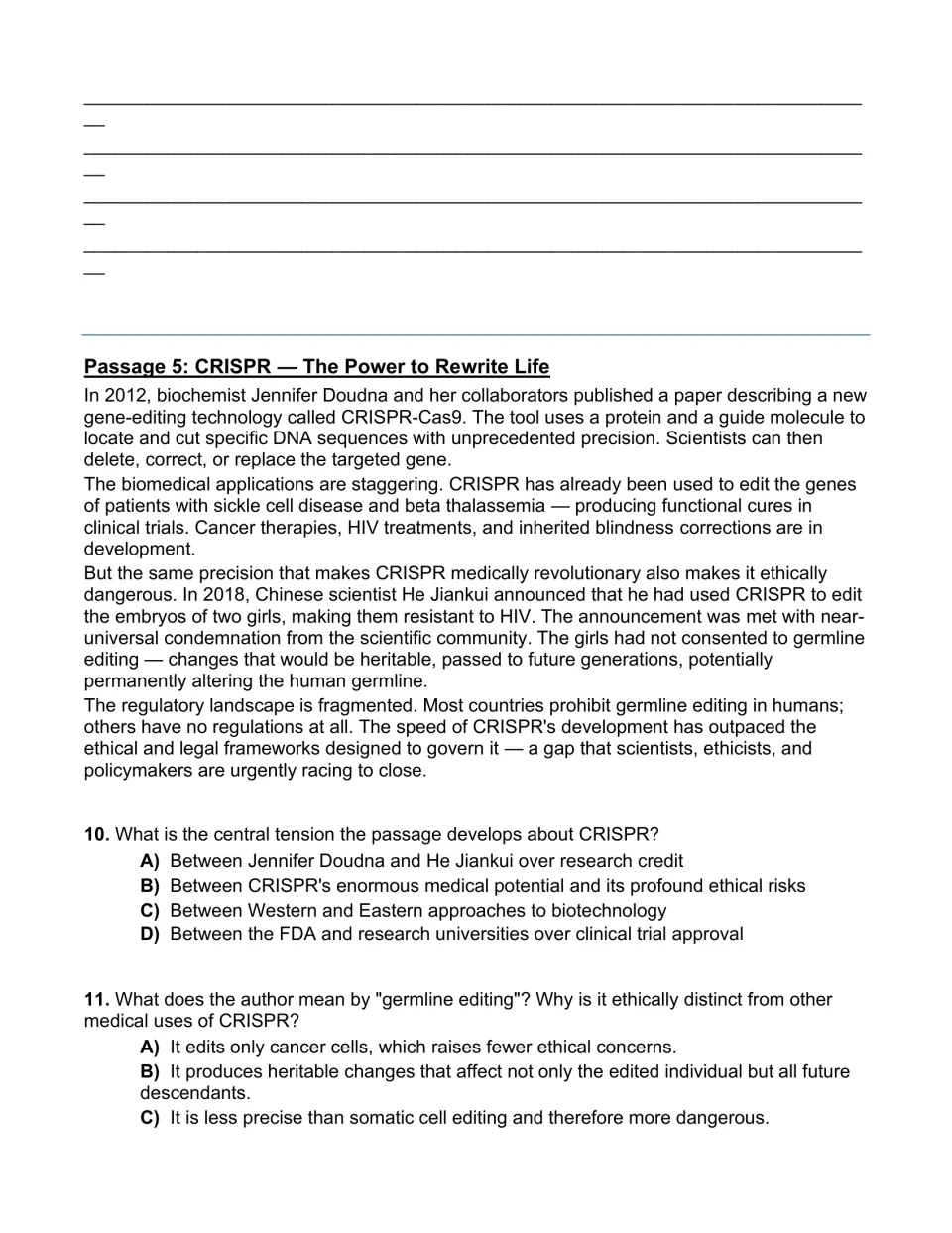 CRISPR gene-editing passage: students identify the central tension and define germline editing in multiple-choice items